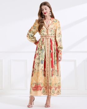 Autumn retro flax court style lapel printing long dress