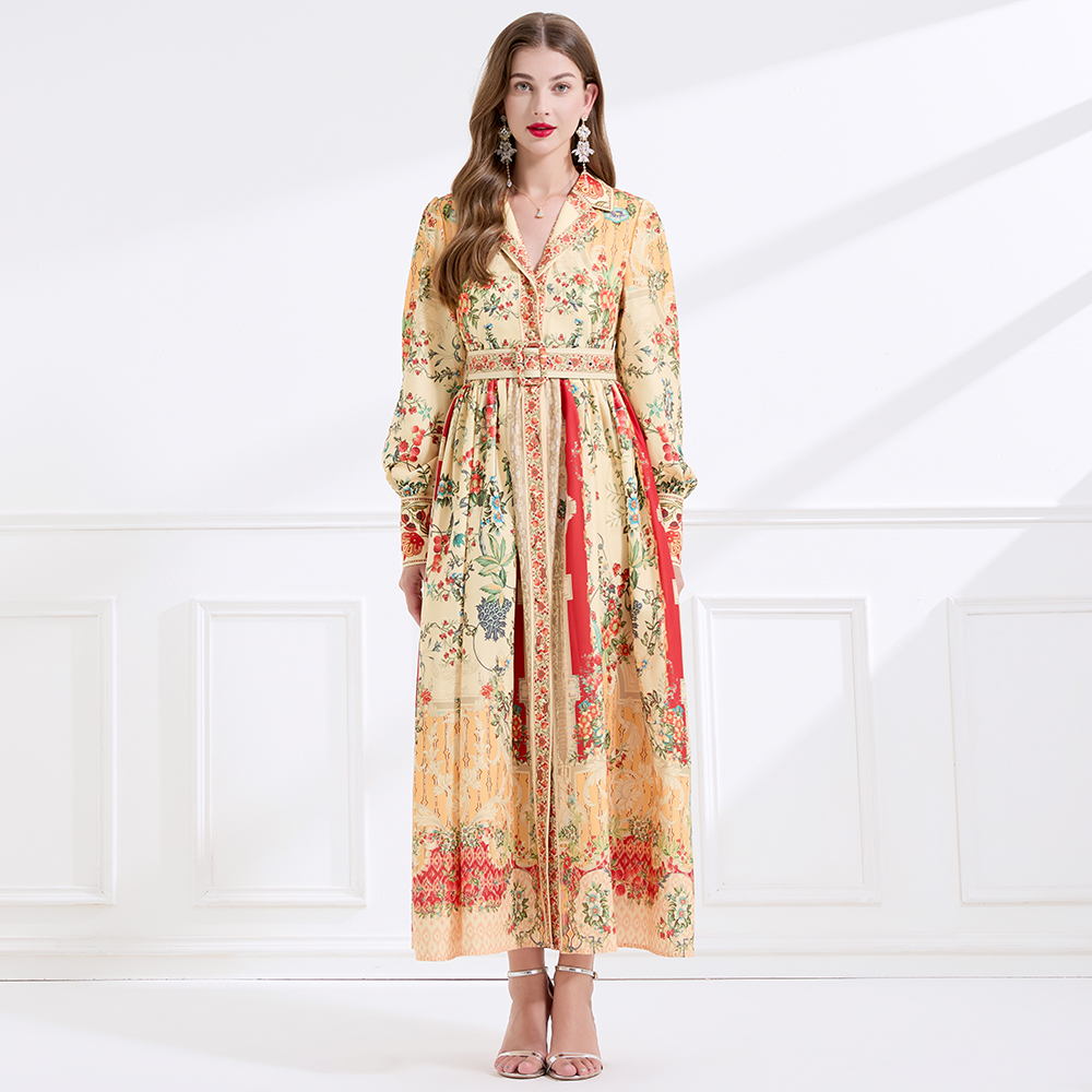 Autumn retro flax court style lapel printing long dress