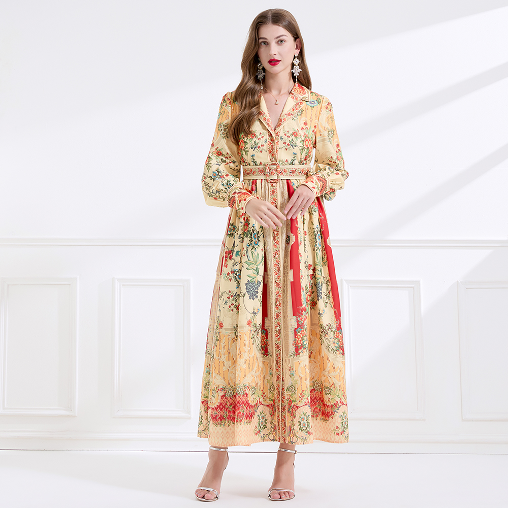 Autumn retro flax court style lapel printing long dress