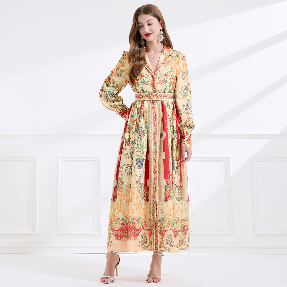 Autumn retro flax court style lapel printing long dress
