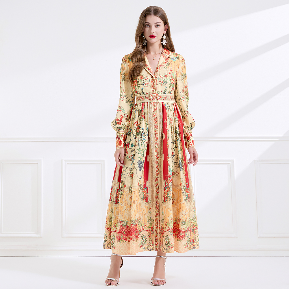 Autumn retro flax court style lapel printing long dress