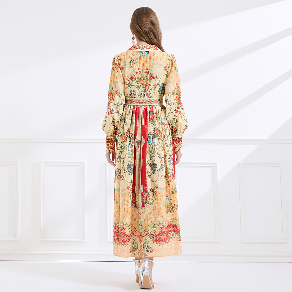 Autumn retro flax court style lapel printing long dress