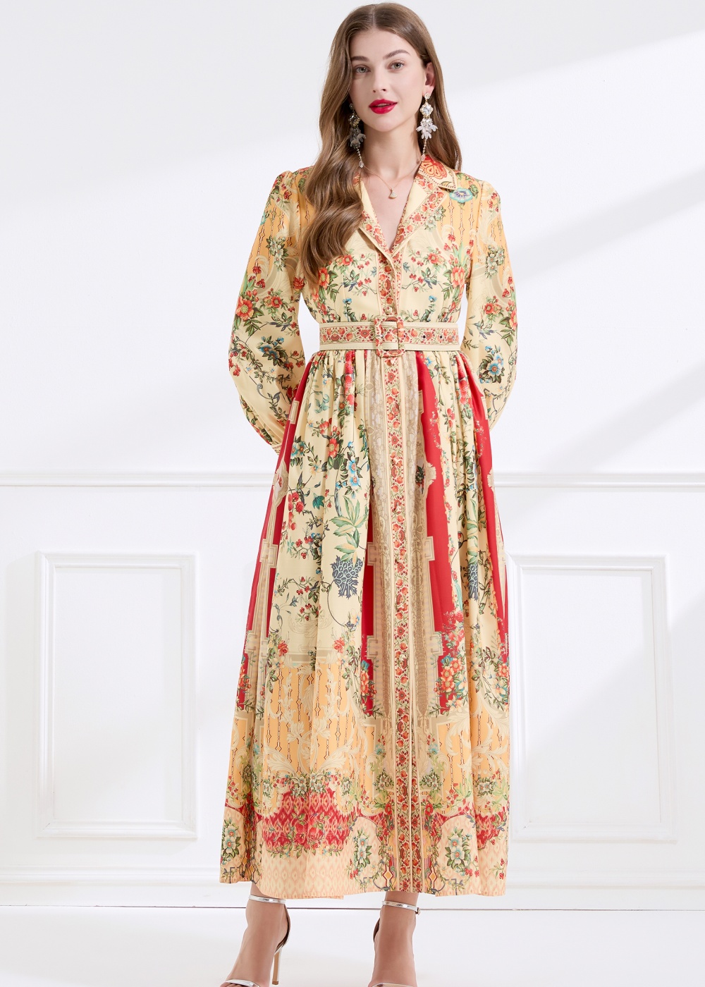 Autumn retro flax court style lapel printing long dress