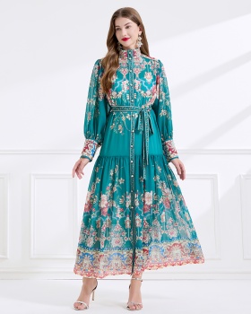 Retro single-breasted cstand collar chiffon dress 2pcs set