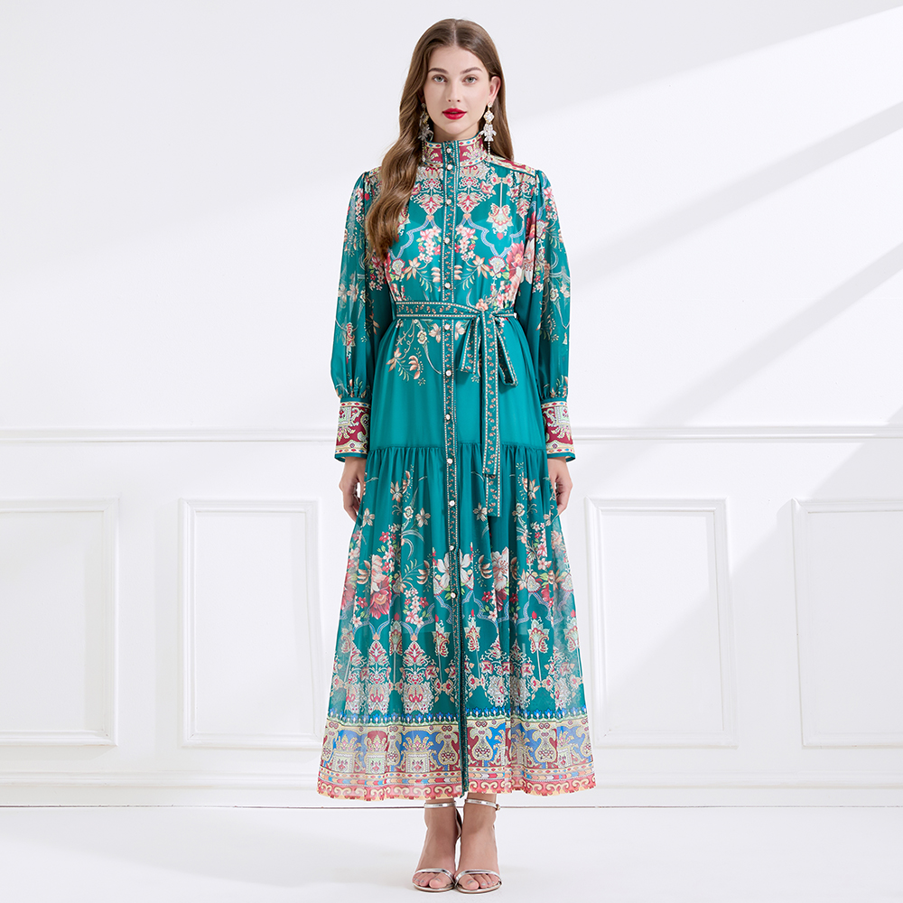 Retro single-breasted cstand collar chiffon dress 2pcs set