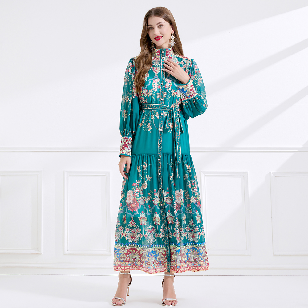 Retro single-breasted cstand collar chiffon dress 2pcs set