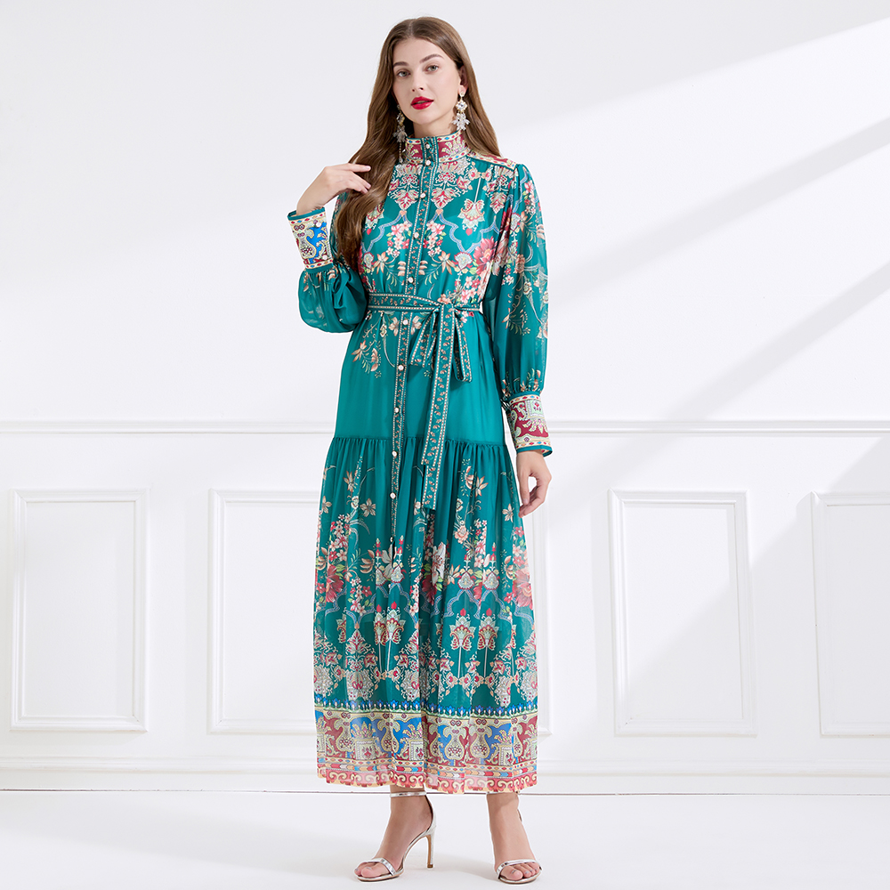 Retro single-breasted cstand collar chiffon dress 2pcs set