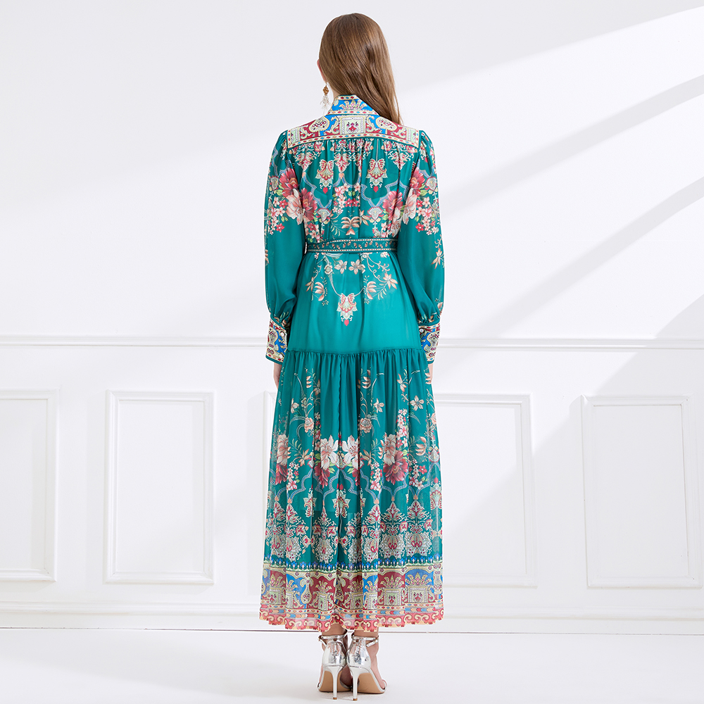 Retro single-breasted cstand collar chiffon dress 2pcs set