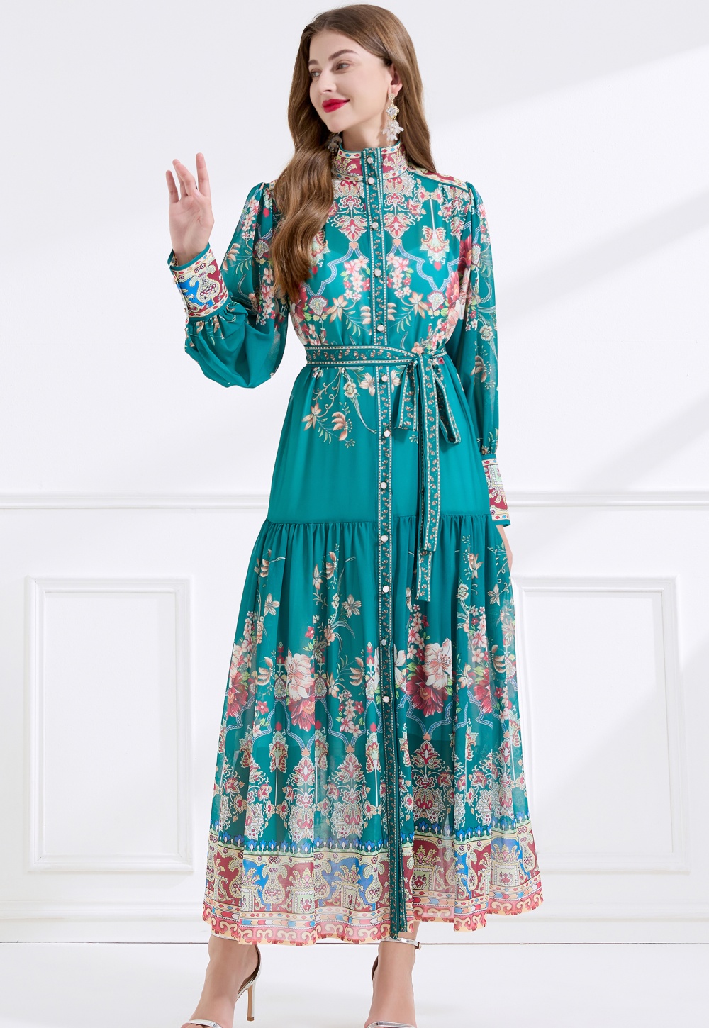 Retro single-breasted cstand collar chiffon dress 2pcs set