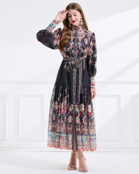 Court style retro cstand collar printing dress 2pcs set