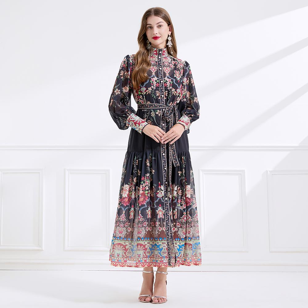 Court style retro cstand collar printing dress 2pcs set