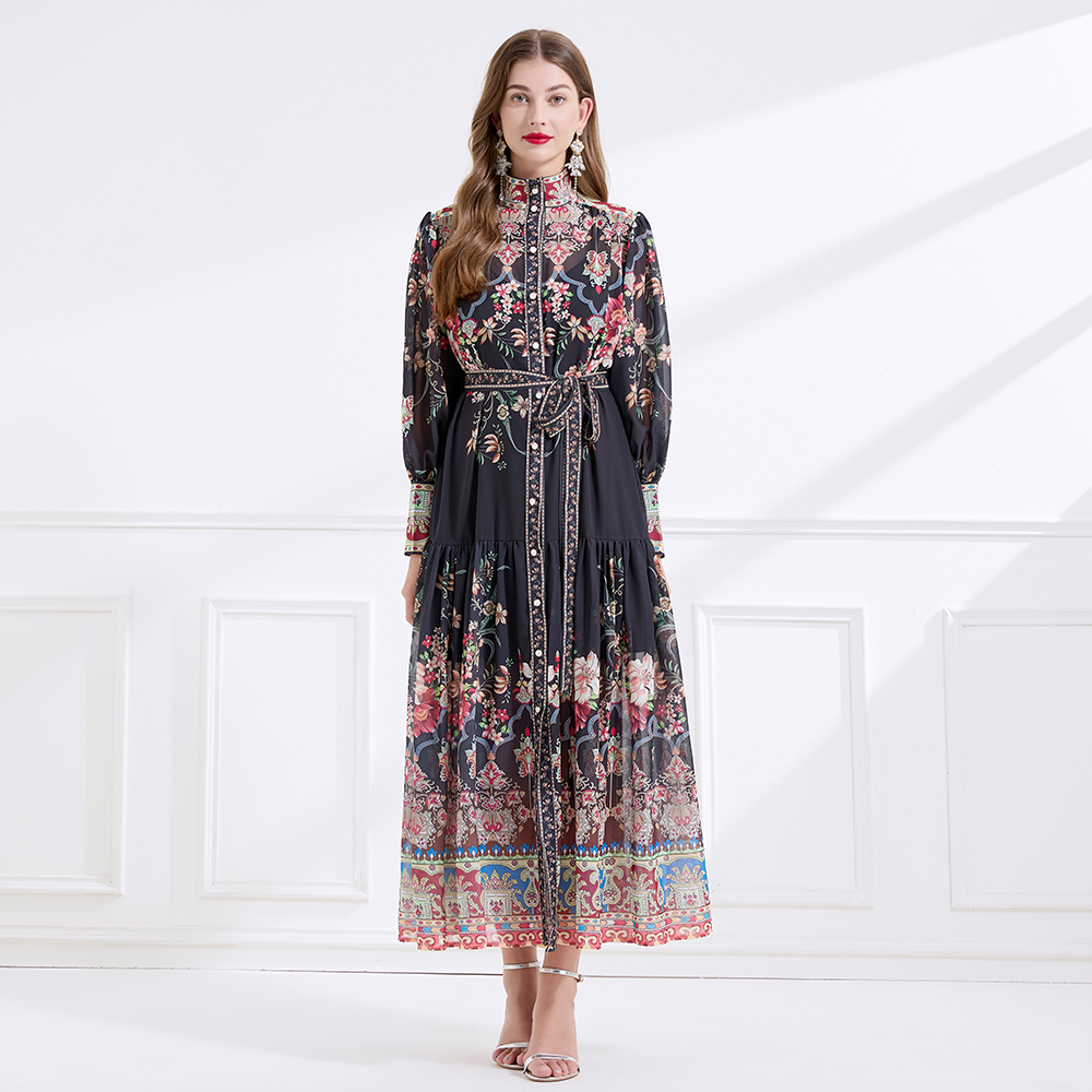 Court style retro cstand collar printing dress 2pcs set