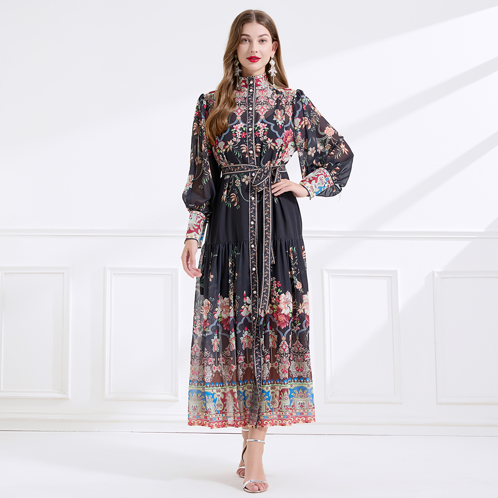 Court style retro cstand collar printing dress 2pcs set