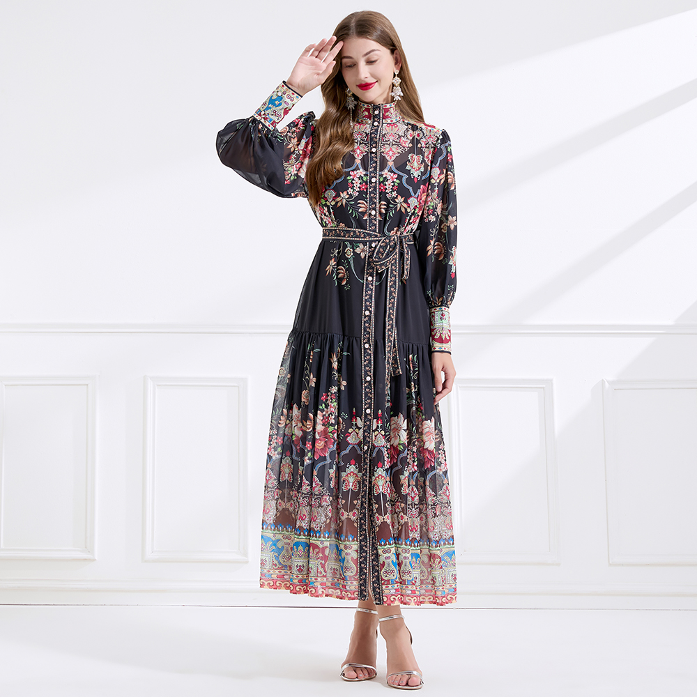 Court style retro cstand collar printing dress 2pcs set