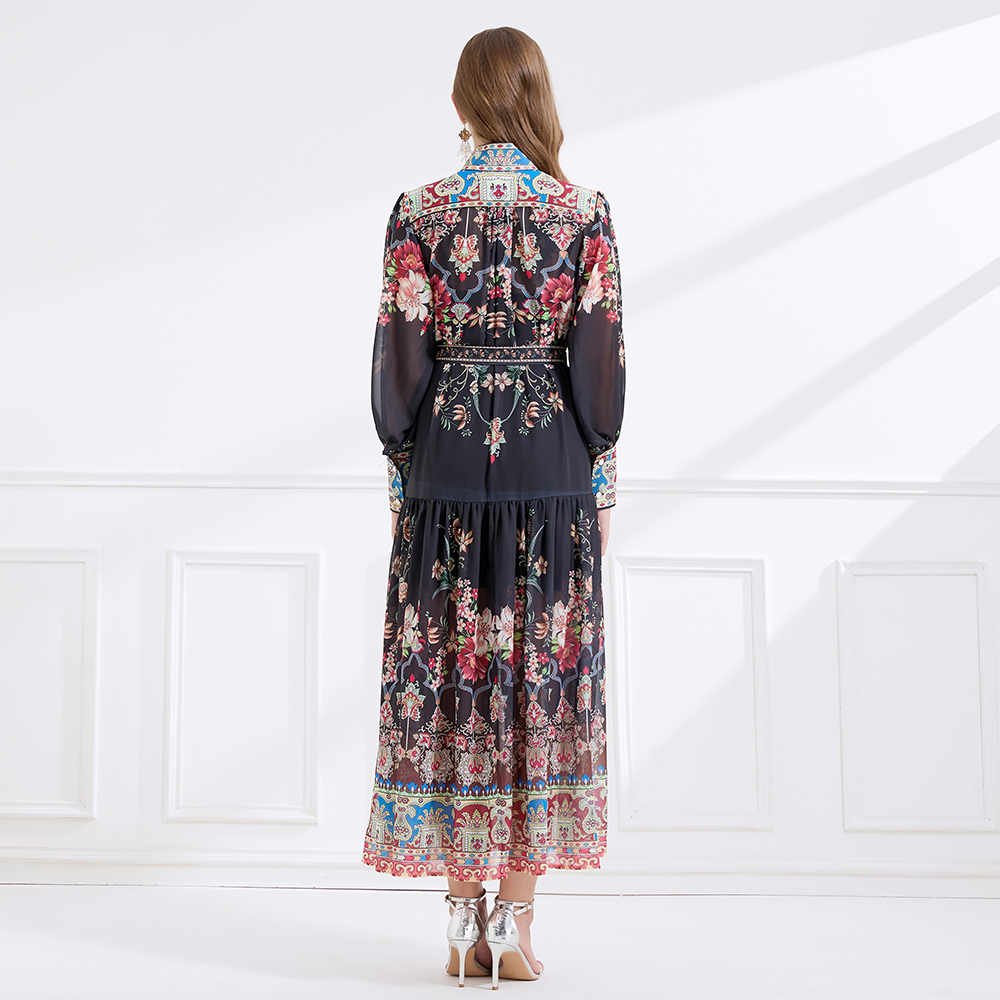 Court style retro cstand collar printing dress 2pcs set