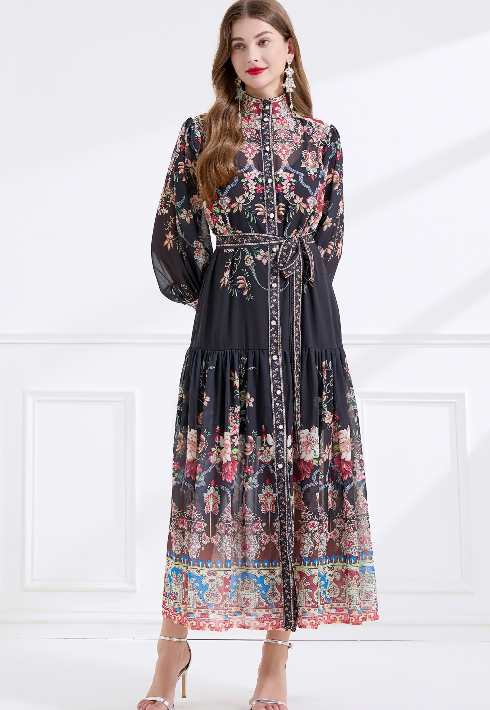 Court style retro cstand collar printing dress 2pcs set