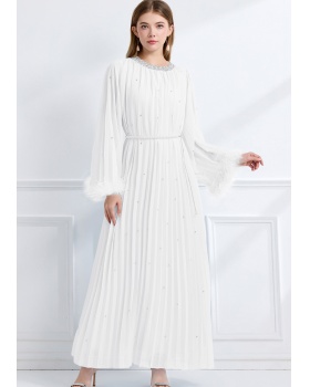 Long sleeve crimp ostrich hair rhinestone dress