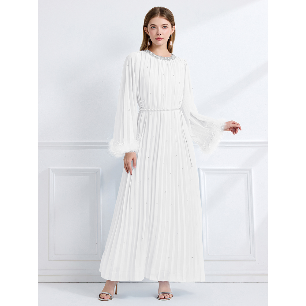 Long sleeve crimp ostrich hair rhinestone dress