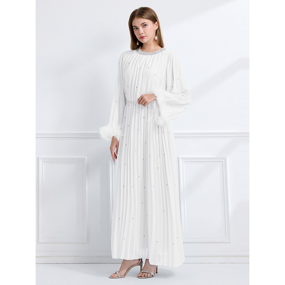 Long sleeve crimp ostrich hair rhinestone dress