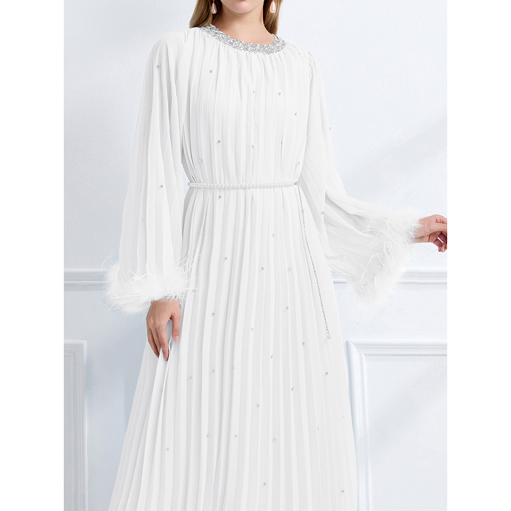 Long sleeve crimp ostrich hair rhinestone dress