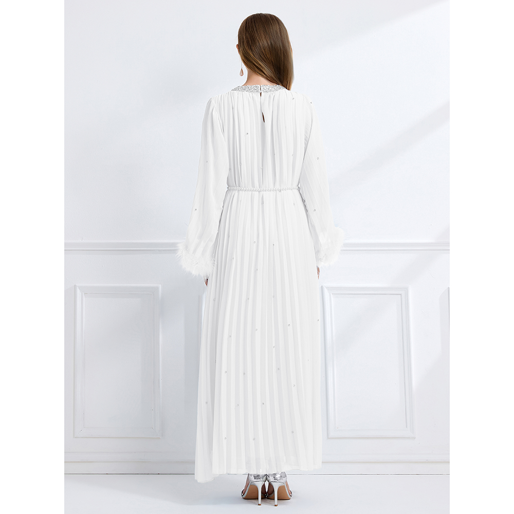 Long sleeve crimp ostrich hair rhinestone dress