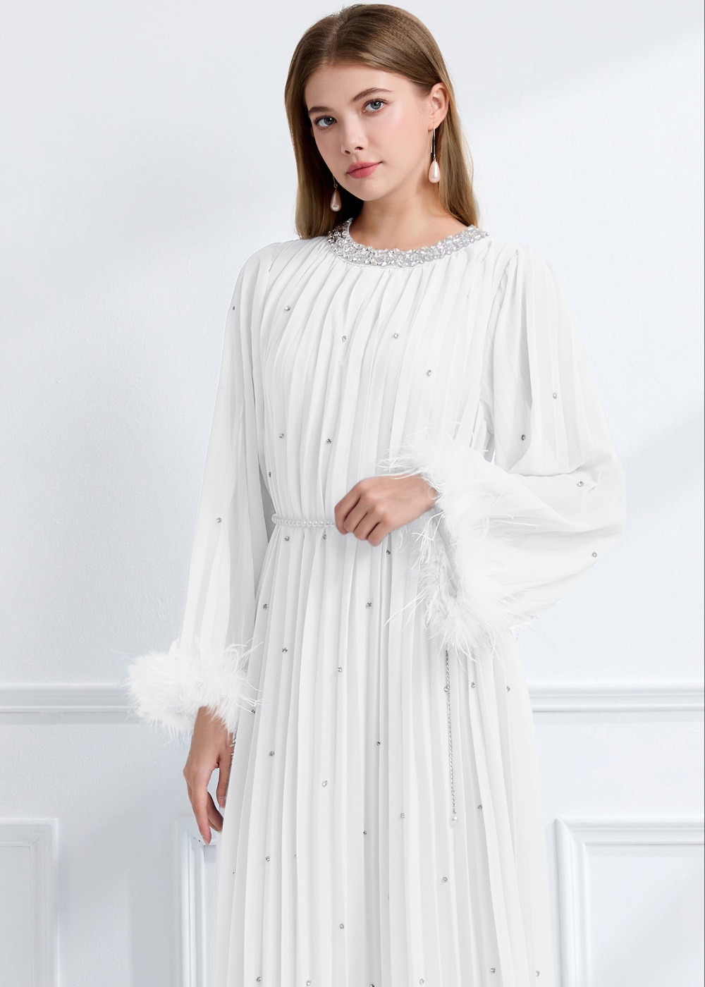 Long sleeve crimp ostrich hair rhinestone dress