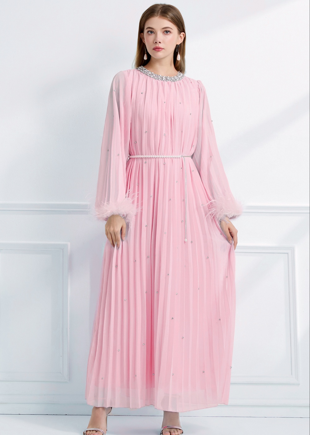 Rhinestone autumn long sleeve fully-jewelled dress