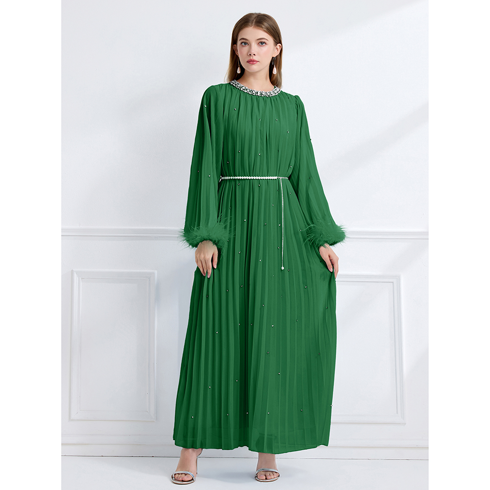 Long sleeve big skirt autumn rhinestone crimp dress