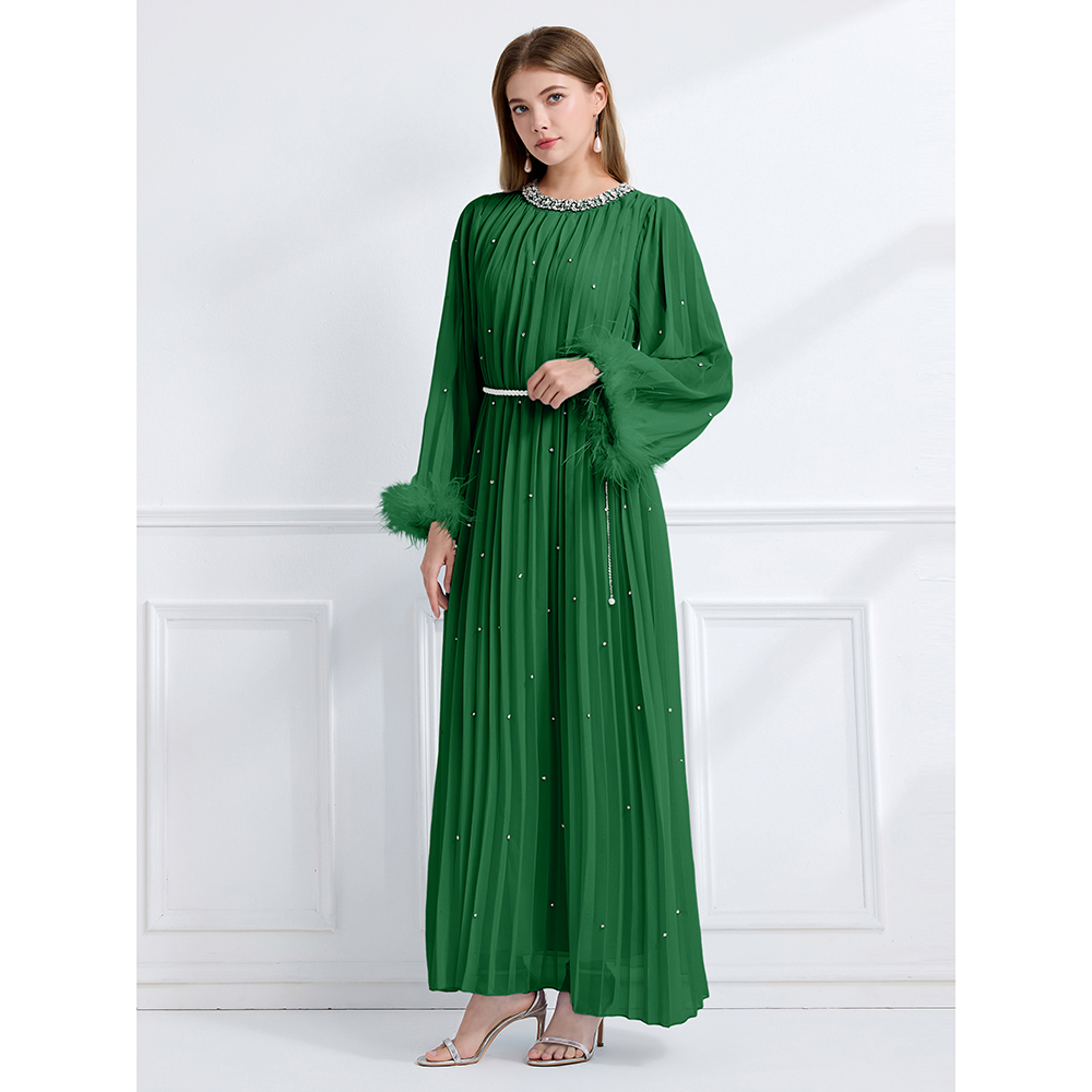 Long sleeve big skirt autumn rhinestone crimp dress