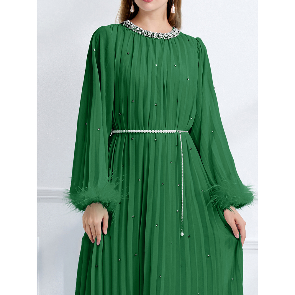 Long sleeve big skirt autumn rhinestone crimp dress