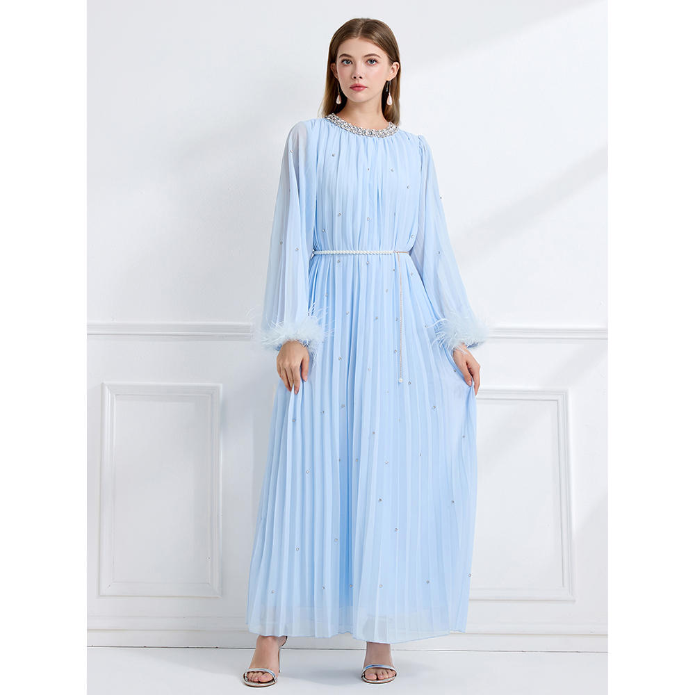 Long sleeve crimp rhinestone fully-jewelled autumn dress