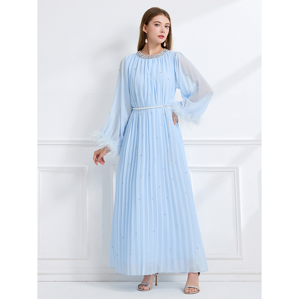 Long sleeve crimp rhinestone fully-jewelled autumn dress