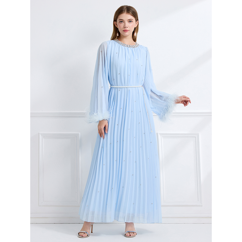Long sleeve crimp rhinestone fully-jewelled autumn dress
