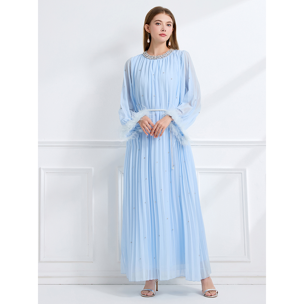 Long sleeve crimp rhinestone fully-jewelled autumn dress