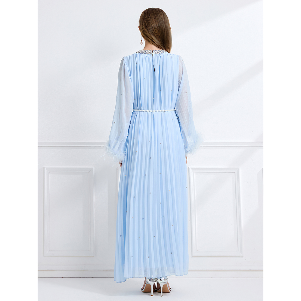 Long sleeve crimp rhinestone fully-jewelled autumn dress