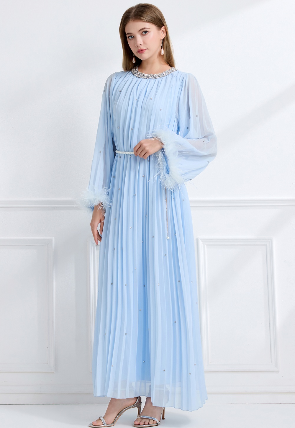 Long sleeve crimp rhinestone fully-jewelled autumn dress