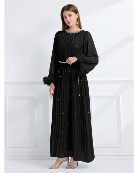 Ostrich hair crimp long sleeve fully-jewelled dress