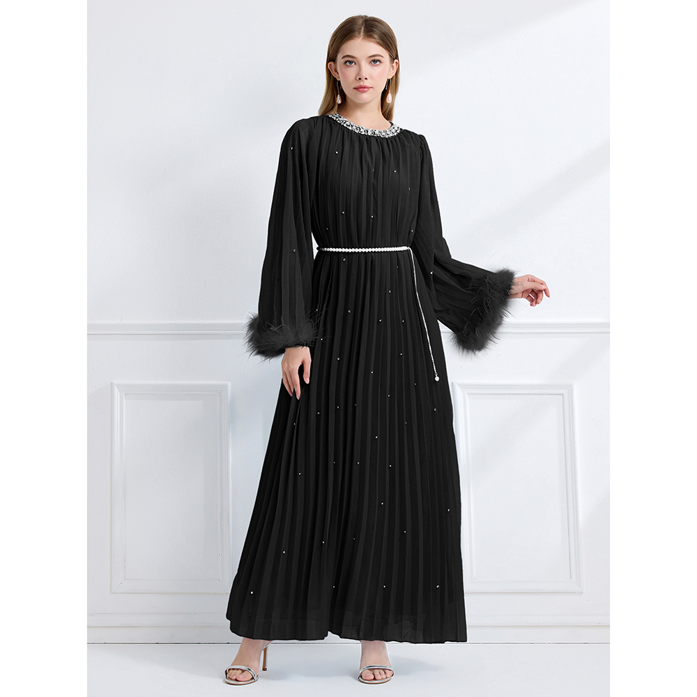 Ostrich hair crimp long sleeve fully-jewelled dress