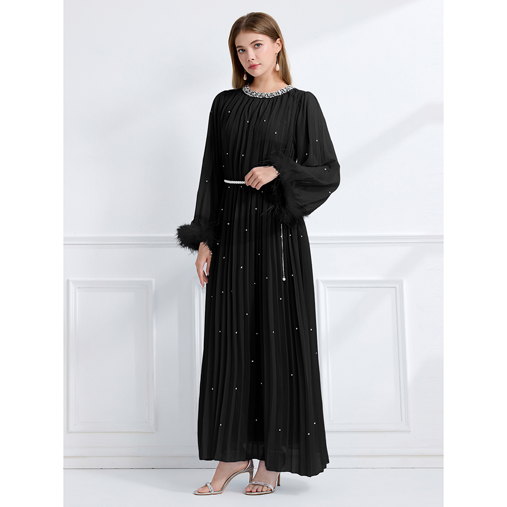 Ostrich hair crimp long sleeve fully-jewelled dress