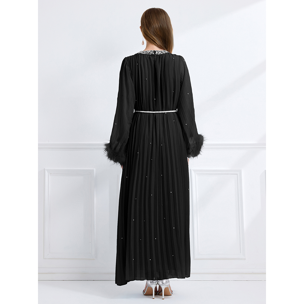 Ostrich hair crimp long sleeve fully-jewelled dress