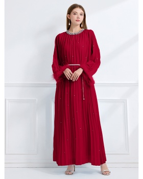 Fully-jewelled rhinestone autumn big skirt long sleeve crimp dress