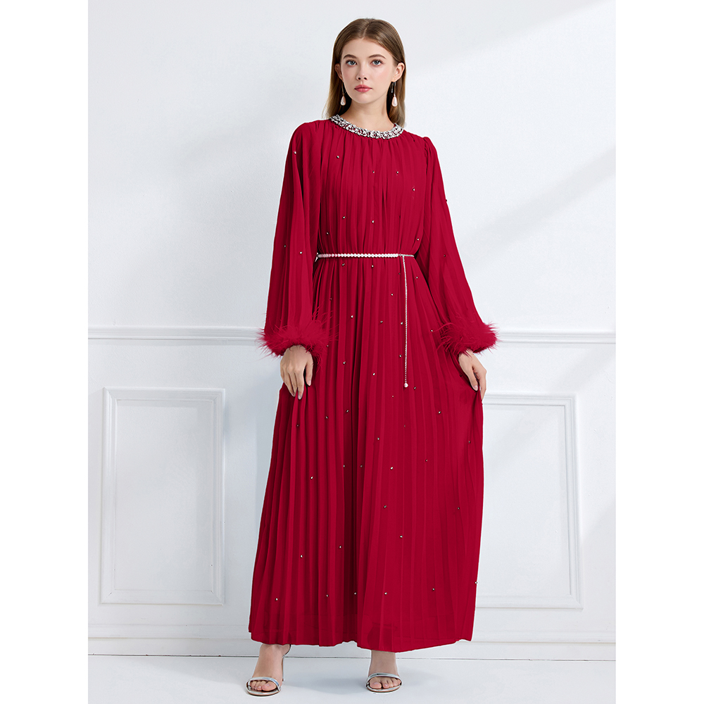 Fully-jewelled rhinestone autumn big skirt long sleeve crimp dress