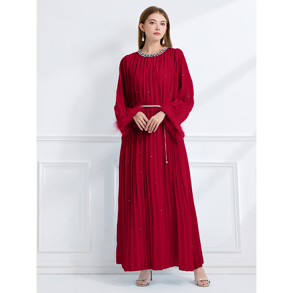 Fully-jewelled rhinestone autumn big skirt long sleeve crimp dress