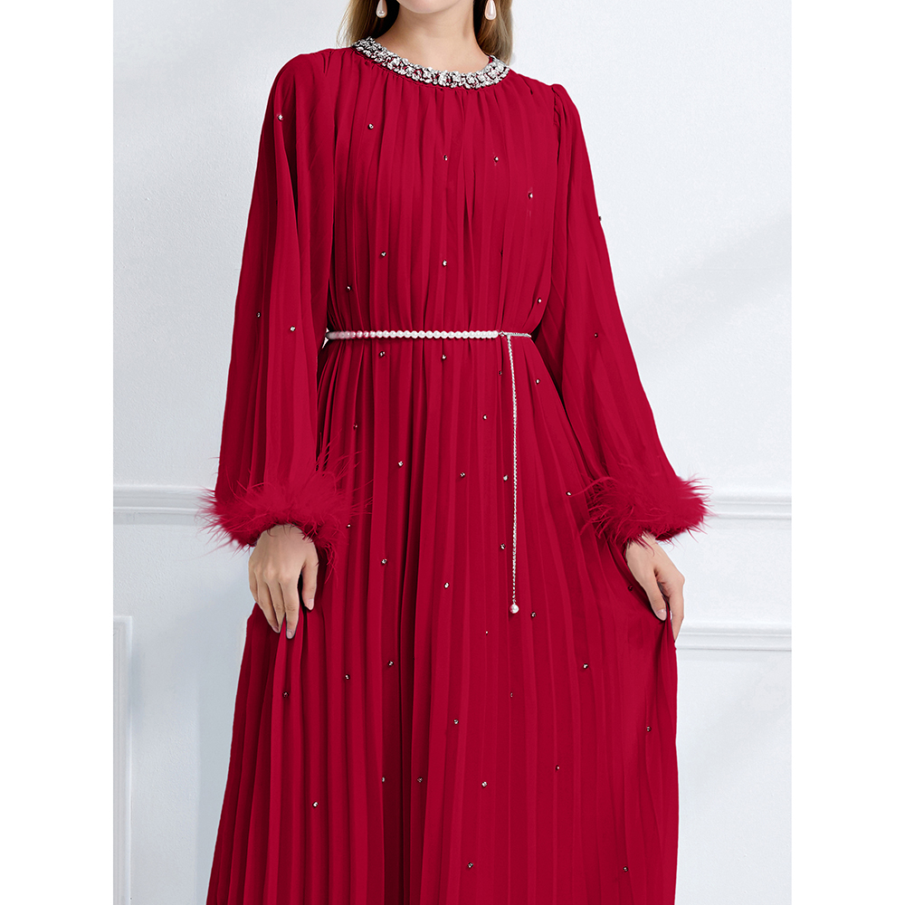 Fully-jewelled rhinestone autumn big skirt long sleeve crimp dress