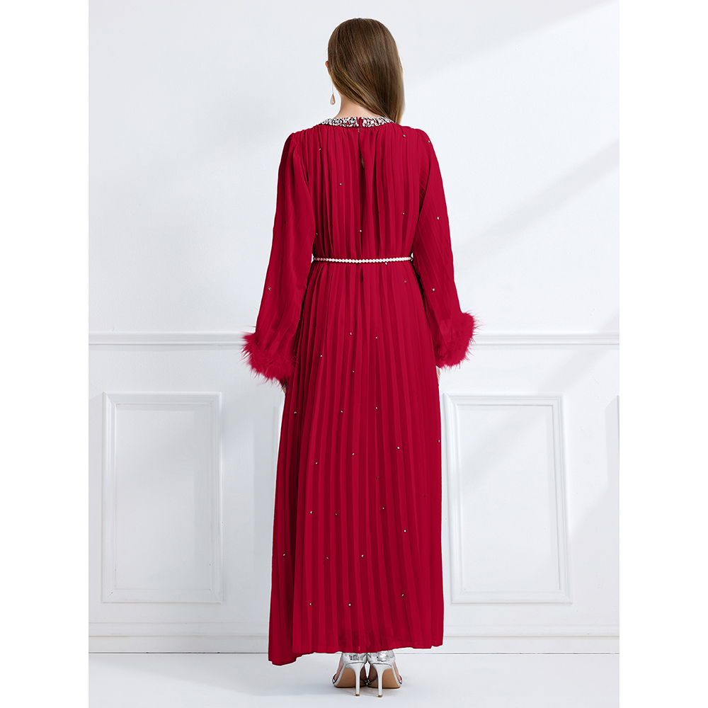 Fully-jewelled rhinestone autumn big skirt long sleeve crimp dress