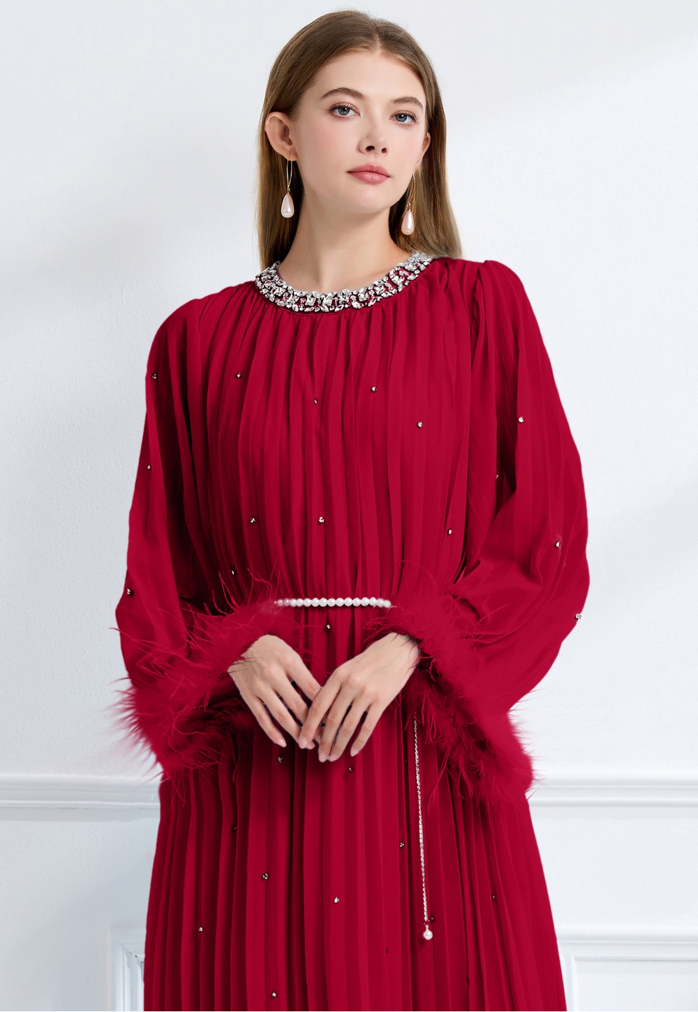 Fully-jewelled rhinestone autumn big skirt long sleeve crimp dress