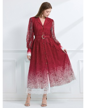 Long lapel autumn pinched waist vacation printing dress
