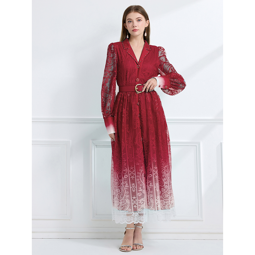 Long lapel autumn pinched waist vacation printing dress