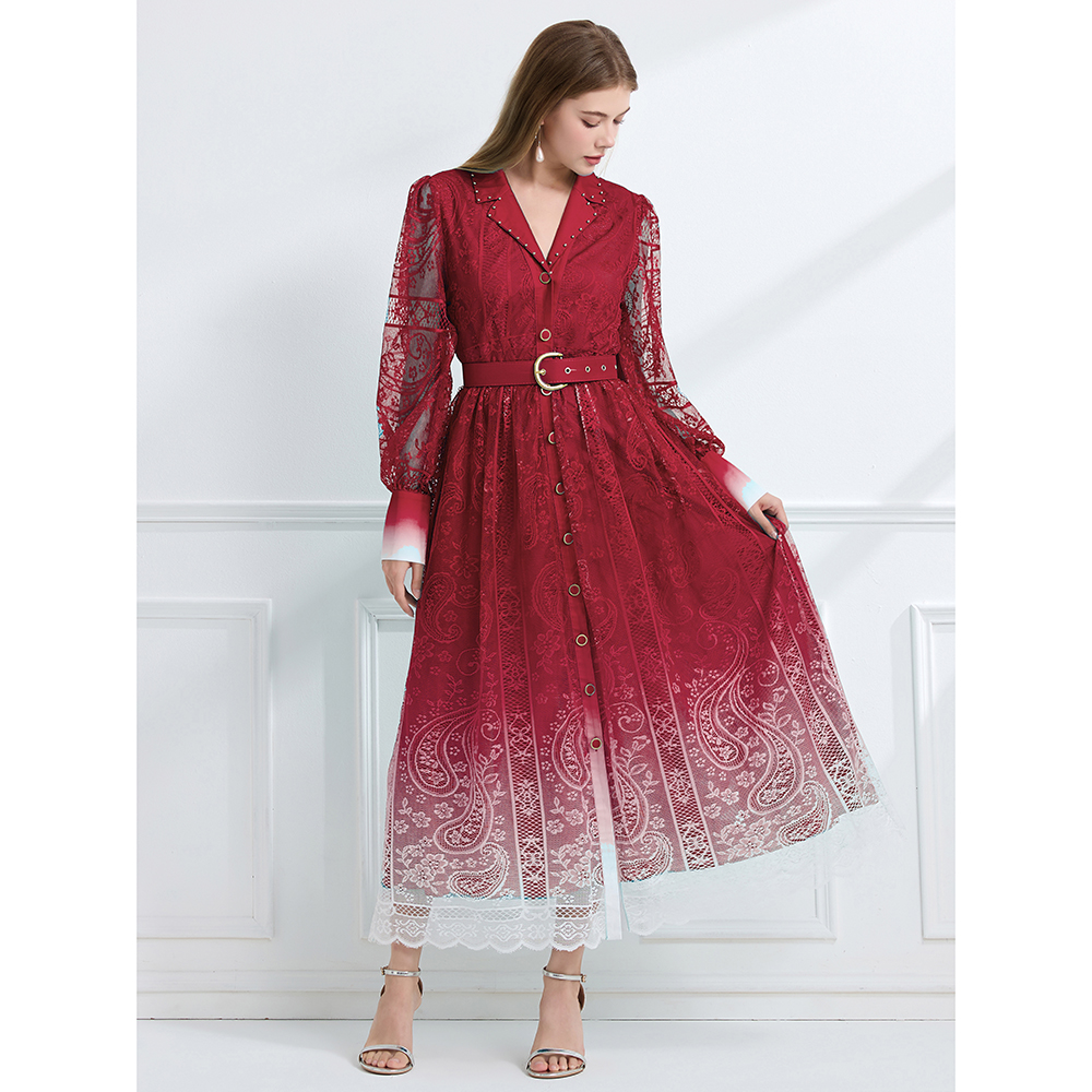 Long lapel autumn pinched waist vacation printing dress