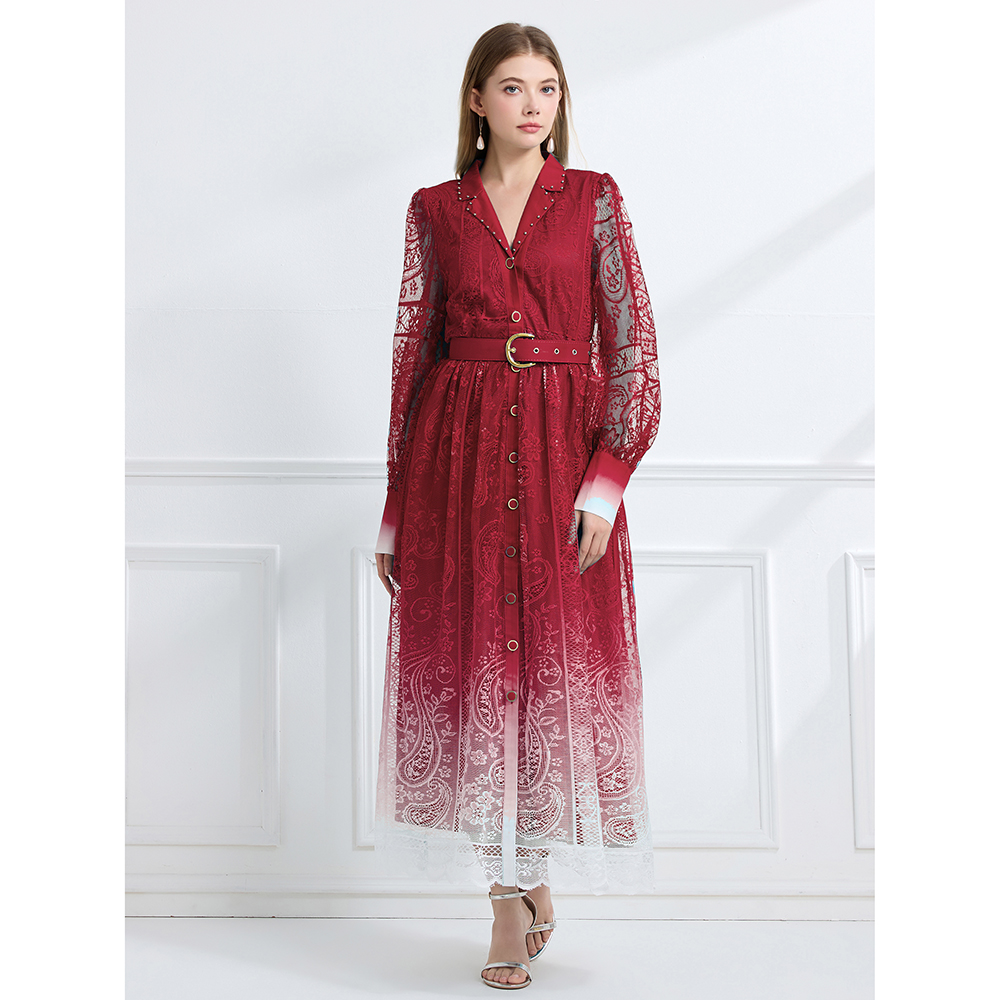 Long lapel autumn pinched waist vacation printing dress